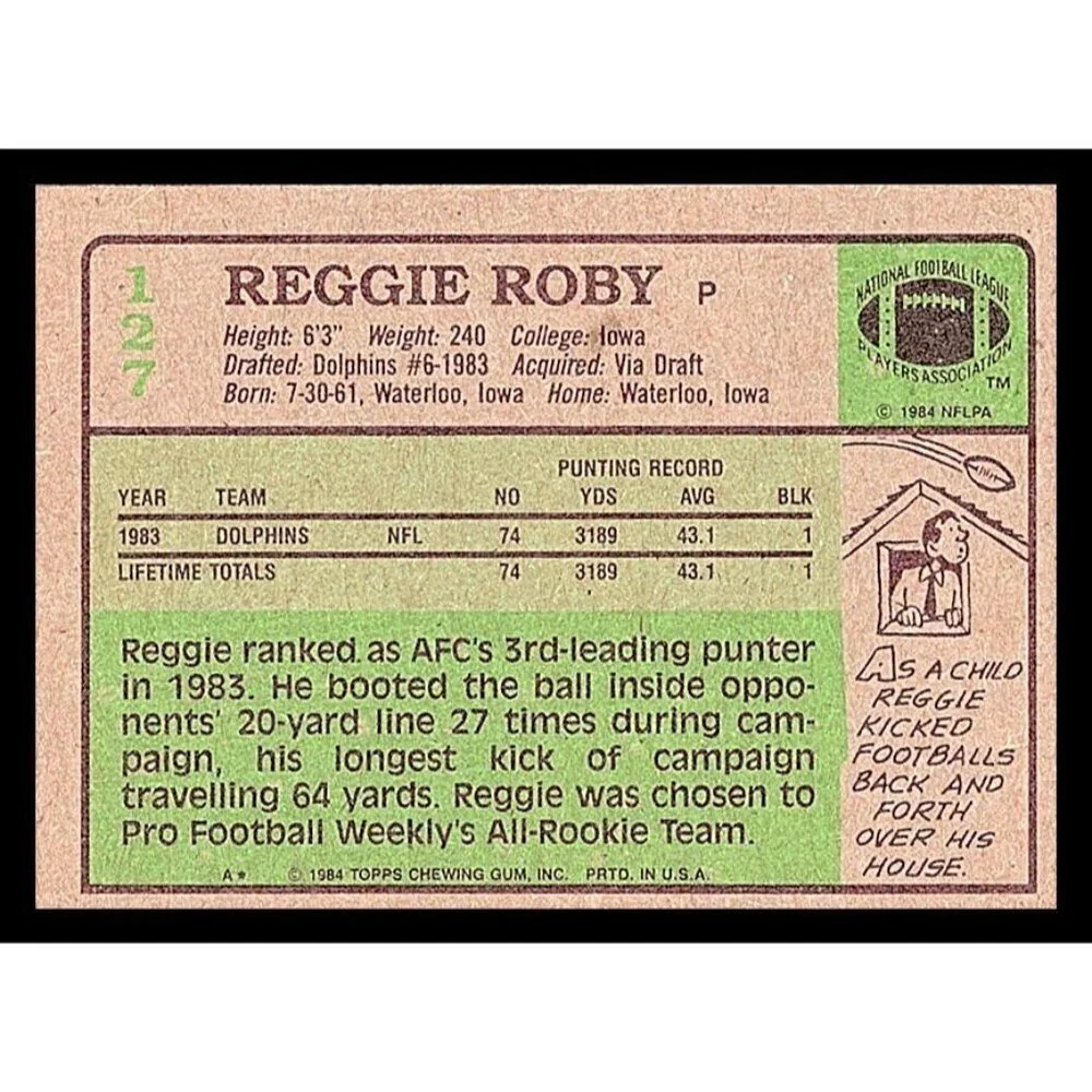 1984 Topps #127 Reggie Roby Rookie Card Miami Dolphins